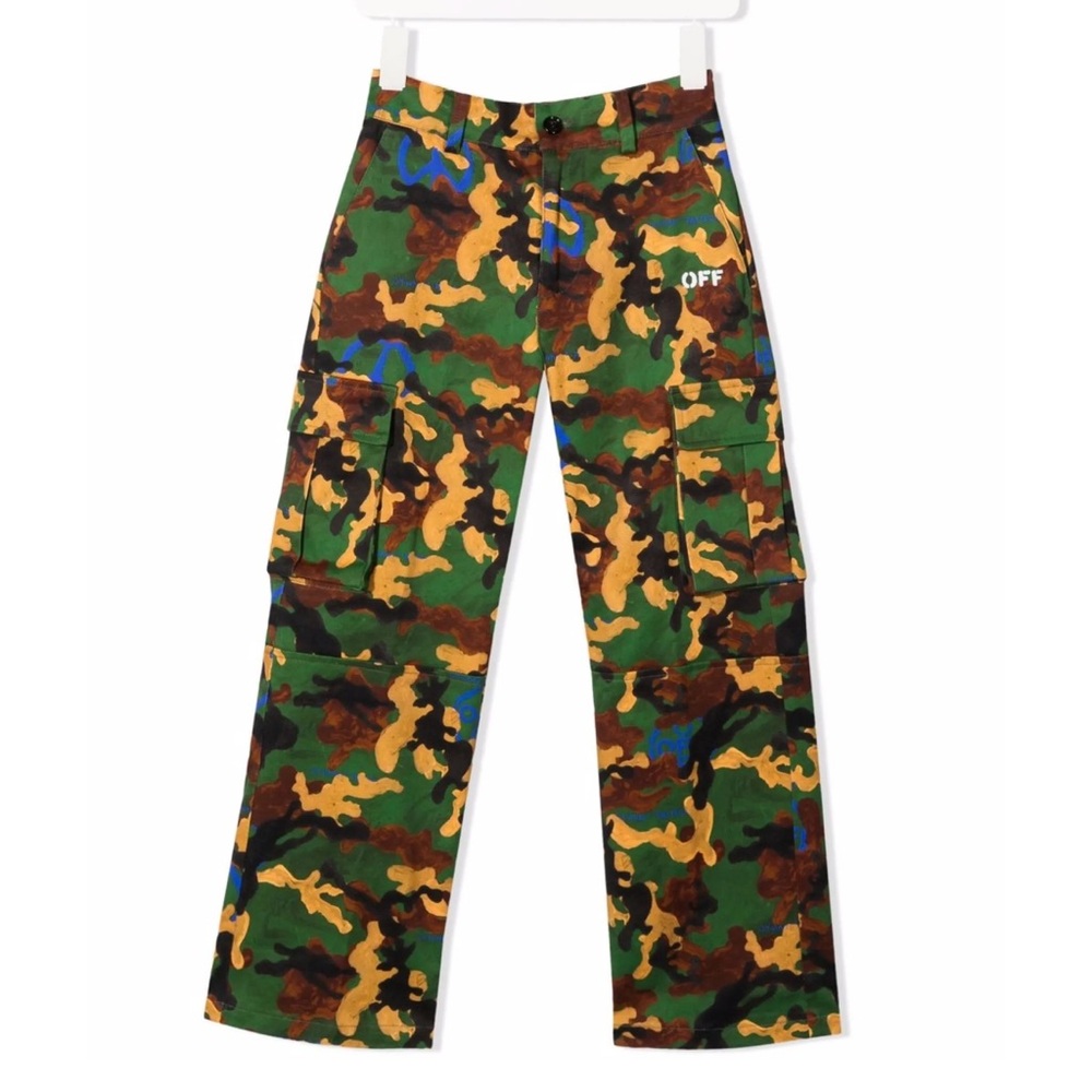 $505 Off White Kids Boys Camo Camouflage Print Khaki Cargo Pants Trousers Size 6